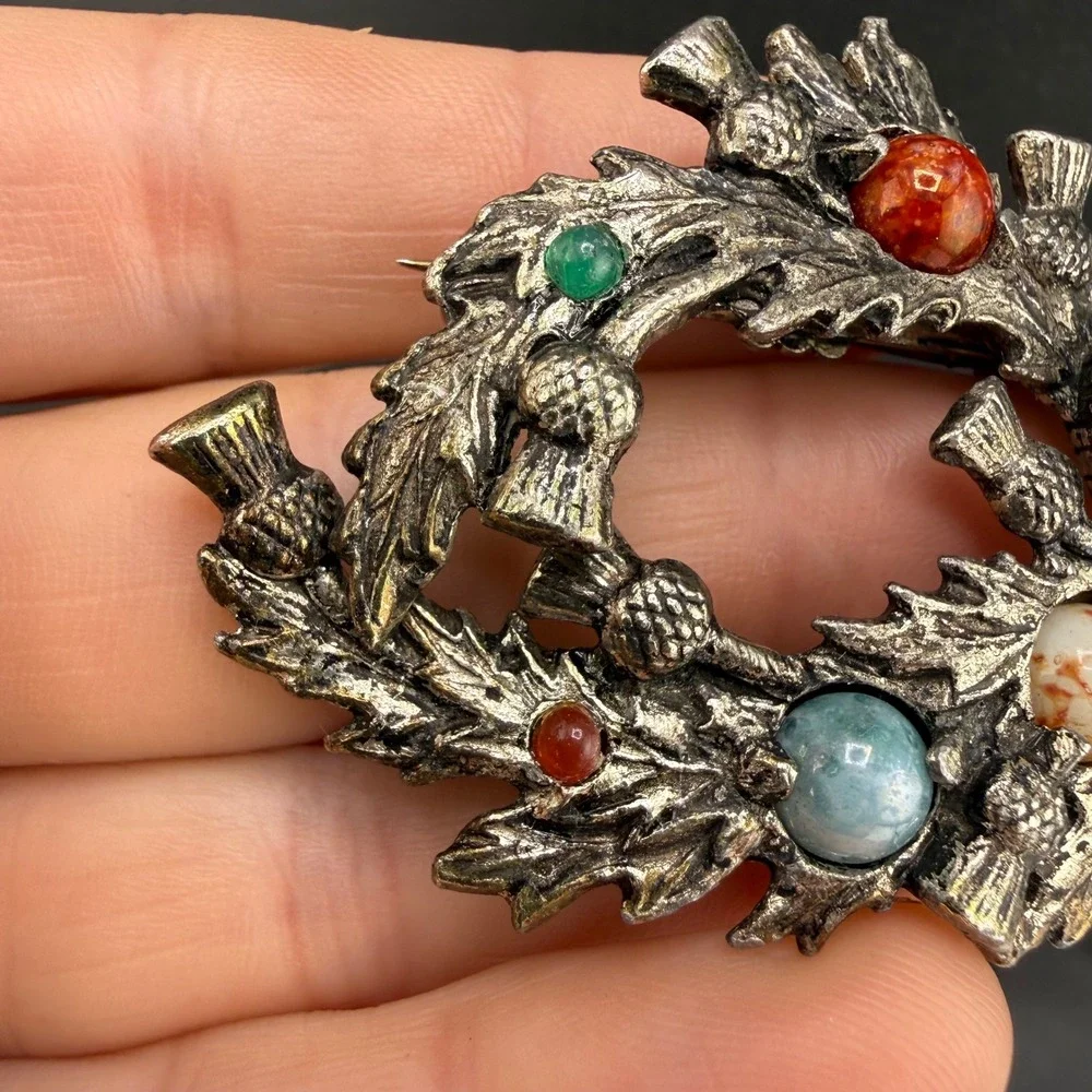 Vintage Jacobite Brooch Silver Tone Scottish Thistle Wreath Multicolor Stone